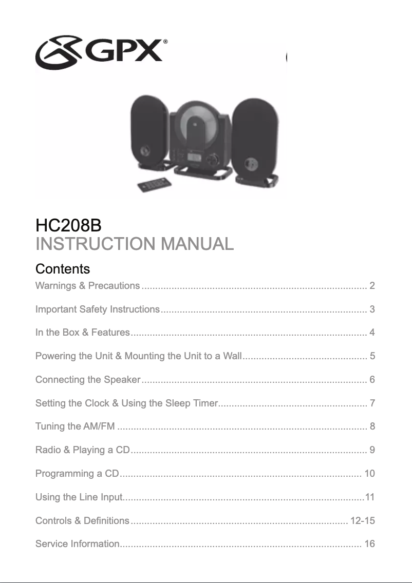 Page 1 de la notice Manuel utilisateur GPX HC208B