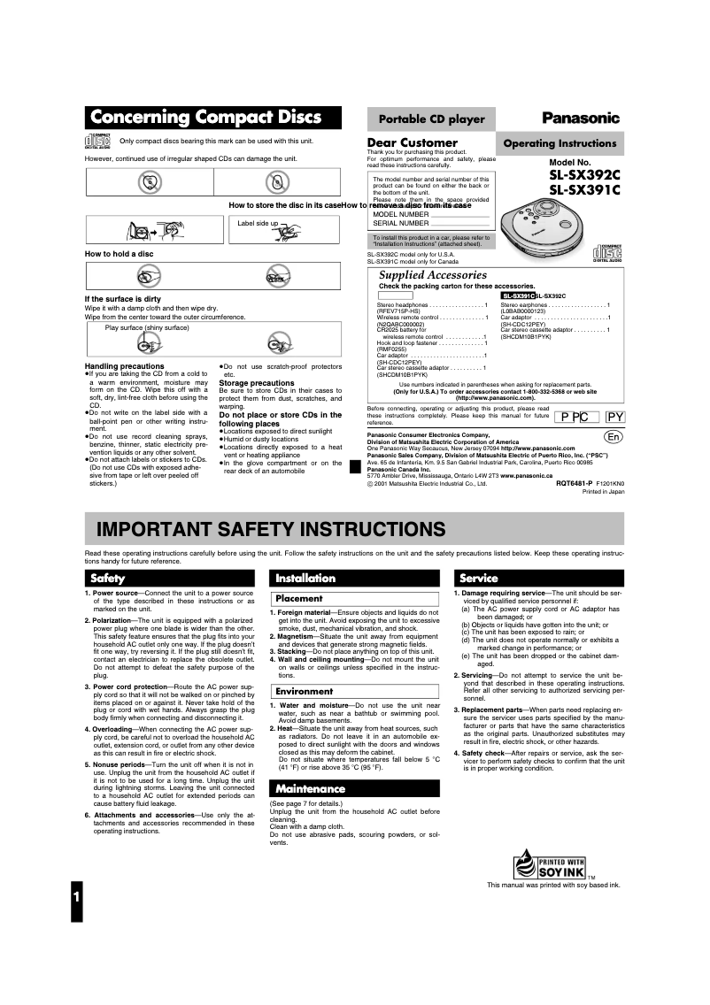 Page 1 de la notice Manuel utilisateur Panasonic SL-SX392