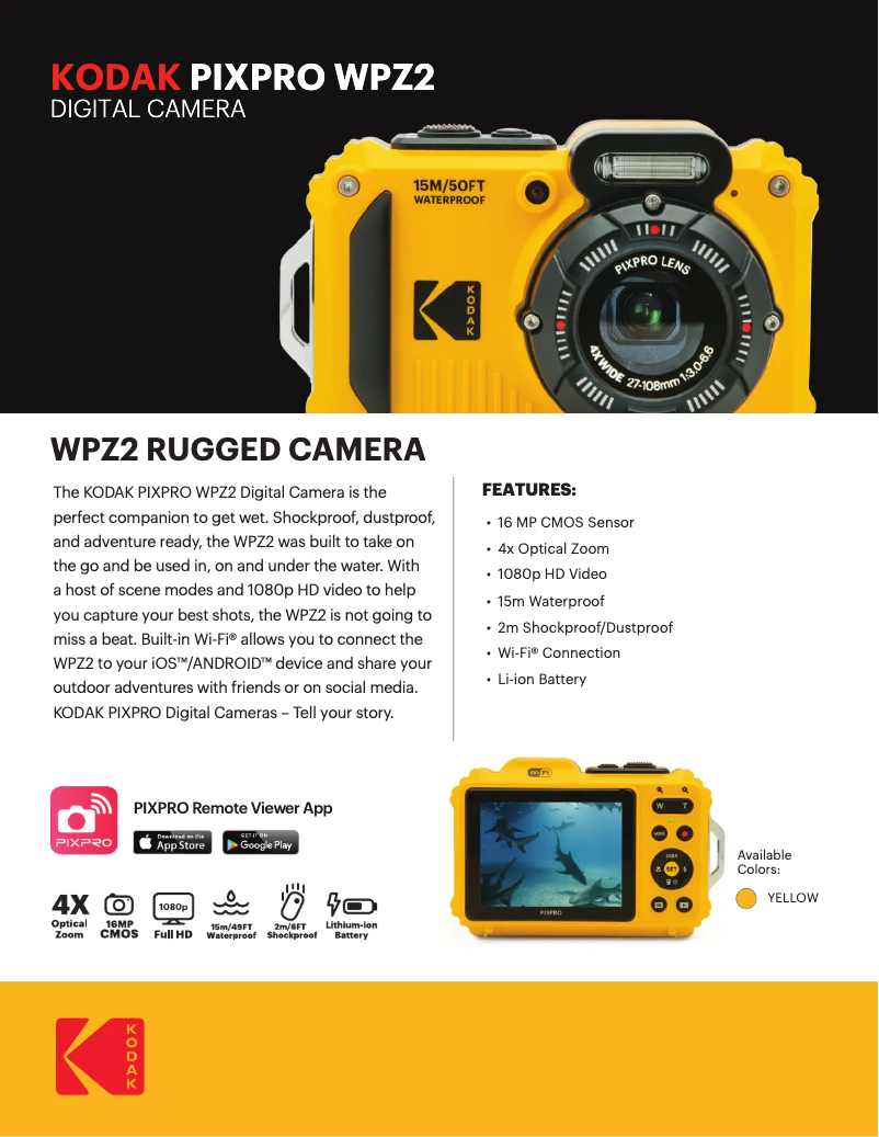 Page 1 de la notice Fiche technique Kodak PixPro WPZ2