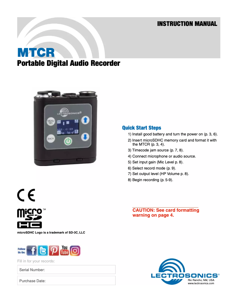 Page n°1 - Manuel utilisateur Lectrosonics MTCR