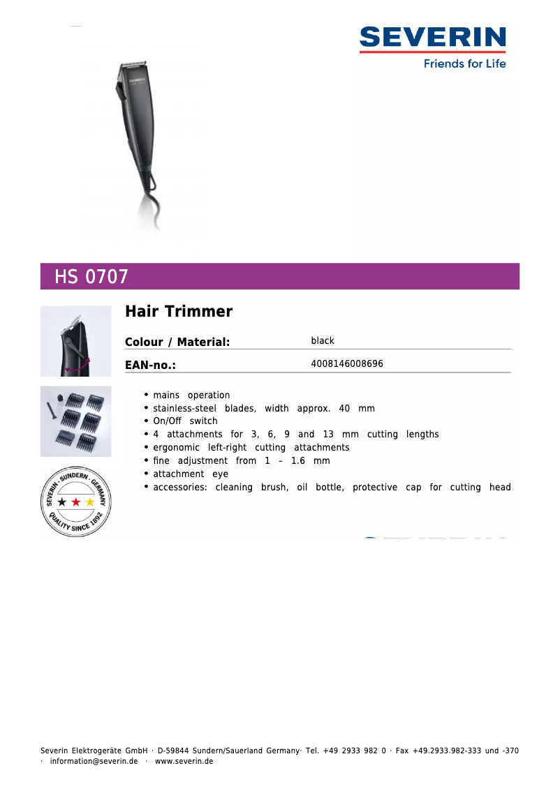 Page n°1 - Fiche technique Severin HS 0707