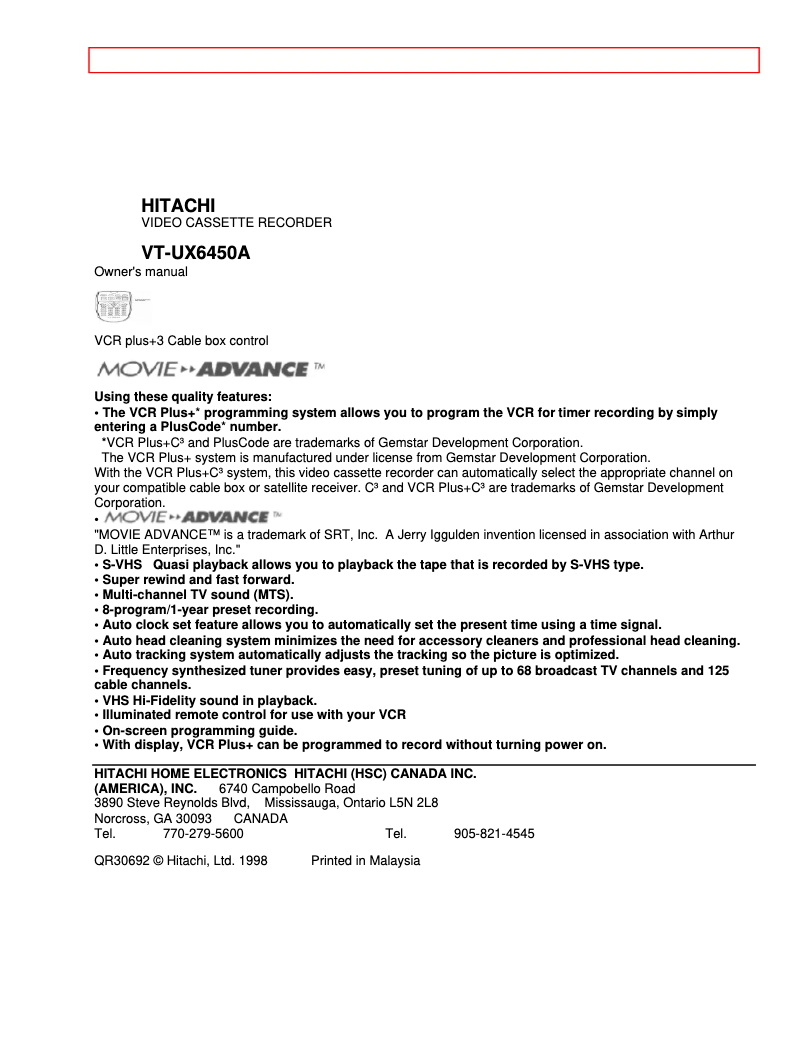 Page 1 de la notice Manuel utilisateur Hitachi VT-UX6450A