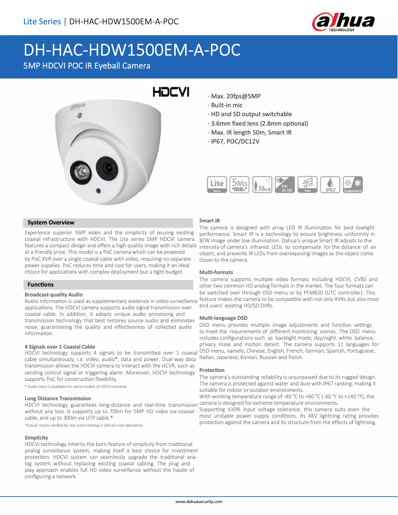 Page n°1 - Fiche technique Dahua Technology HAC-HDW1500EM-A-POC