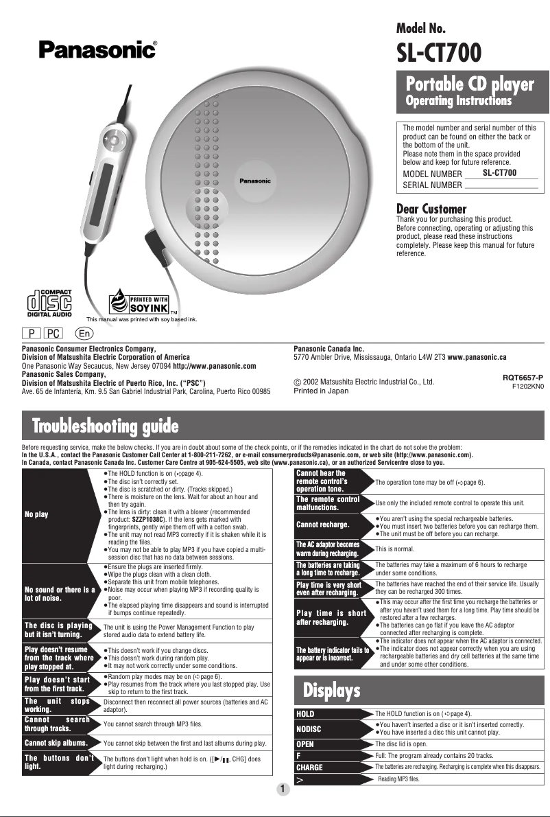 Page n°1 - Manuel utilisateur Panasonic SL-CT700