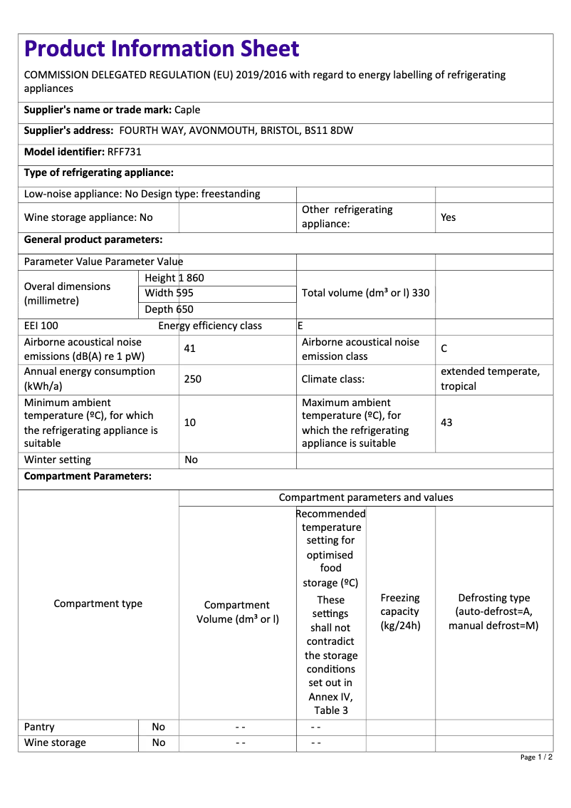Page n°1 - Fiche technique Caple RFF731