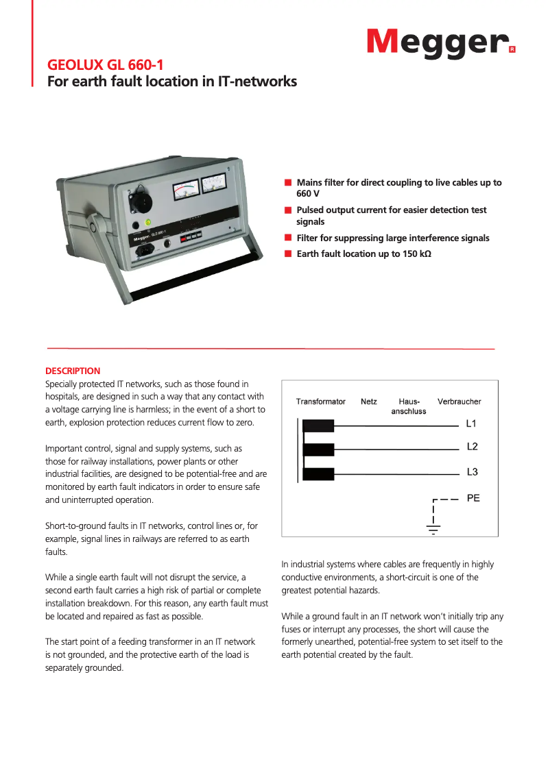 Page 1 de la notice Fiche technique Megger Geolux GL 660-1