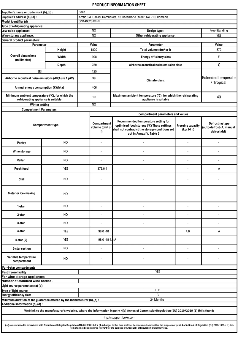 Page 1 de la notice Fiche technique Beko GN1406231XBN