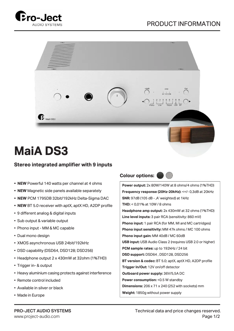 Page 1 de la notice Fiche technique Pro-Ject MaiA DS3