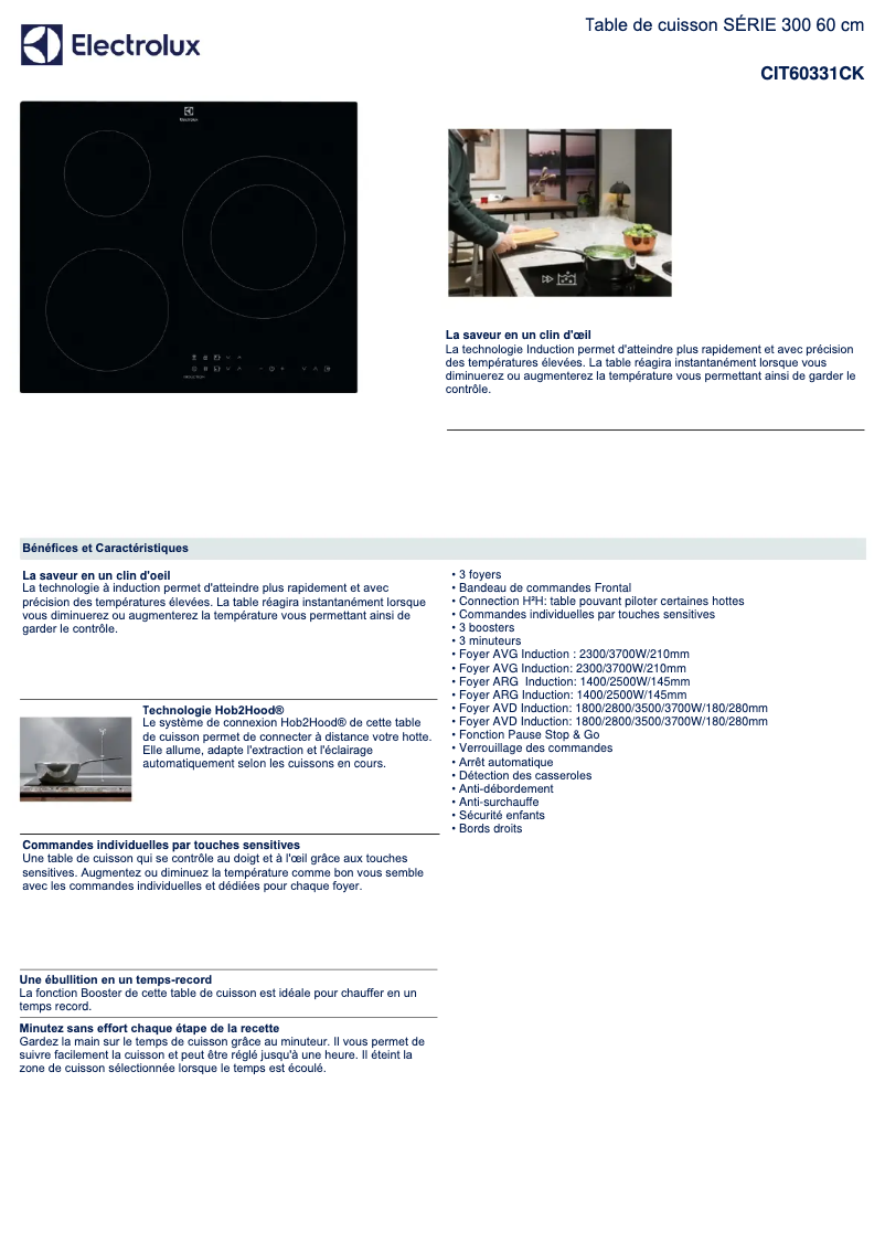 Page 1 de la notice Fiche technique Electrolux CIT60331CK