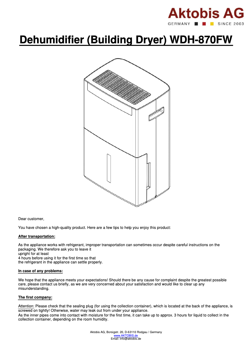 Page n°1 - Manuel utilisateur Aktobis WDH-870FW