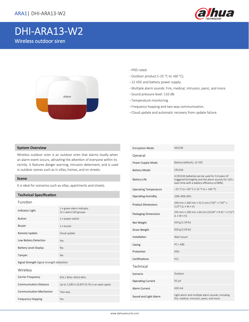 Page n°1 - Fiche technique Dahua Technology ARA13-W2