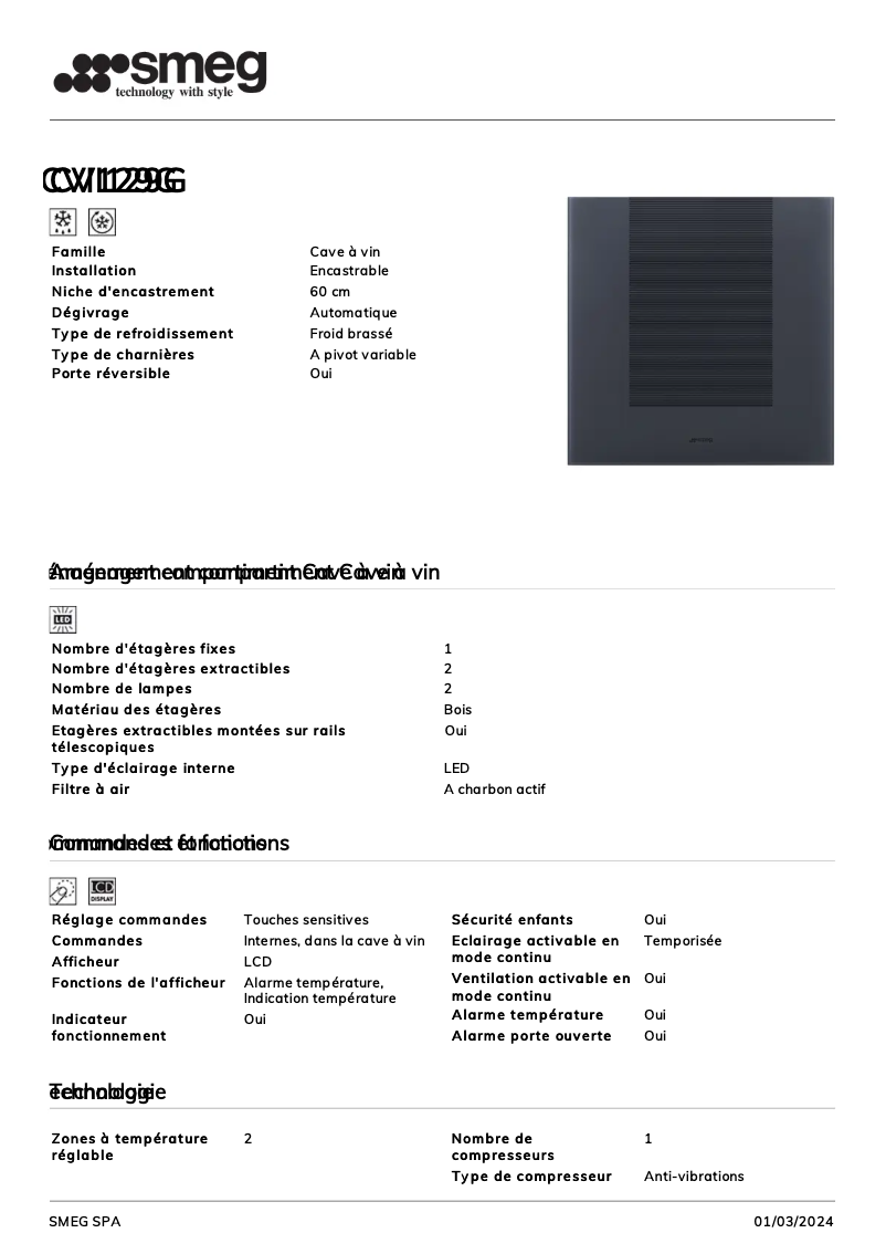 Page 1 de la notice Fiche technique Smeg CVI129G