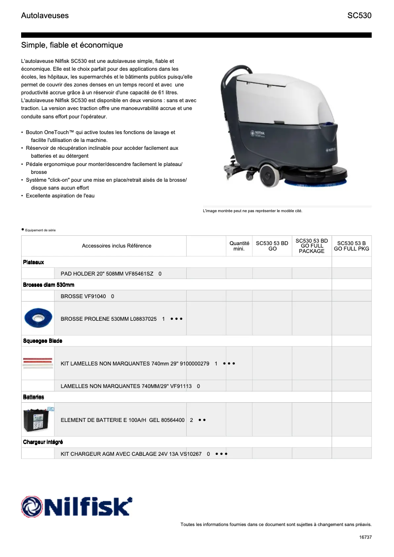 Página 1 del manual Ficha técnica Nilfisk SC530