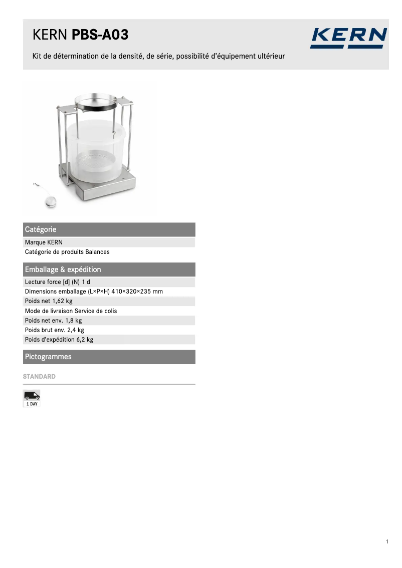 Page 1 de la notice Fiche technique Kern PBS-A03