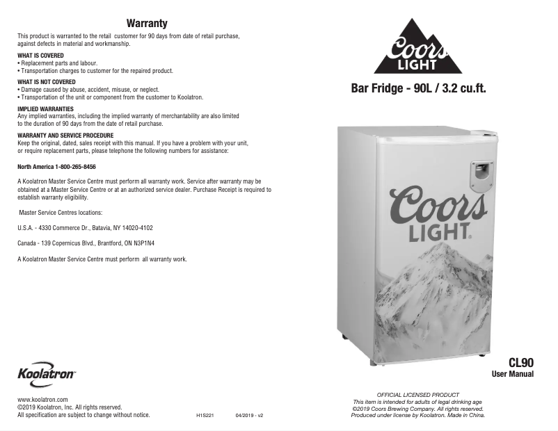 Page 1 de la notice Manuel utilisateur Coors Light CL90