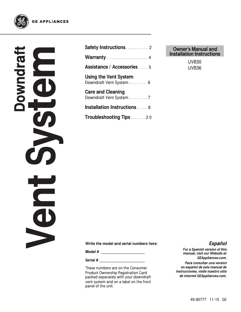 Image de la première page du manuel de l'appareil UVB36SKSS