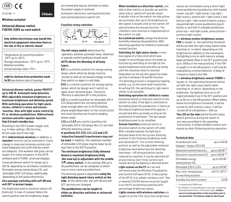 Page 1 de la notice Manuel utilisateur Eltako FUD70S-230V-rw