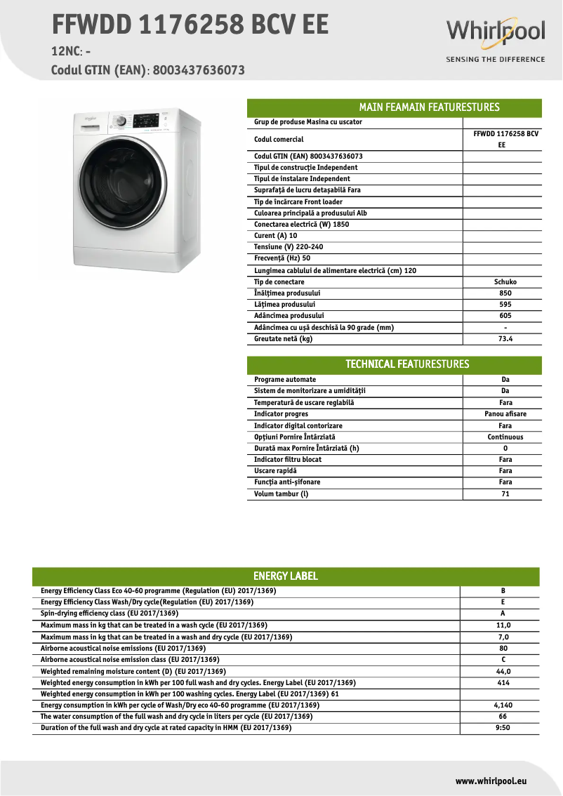 Page 1 de la notice Fiche technique Whirlpool FFWDD 1176258 BCV EE