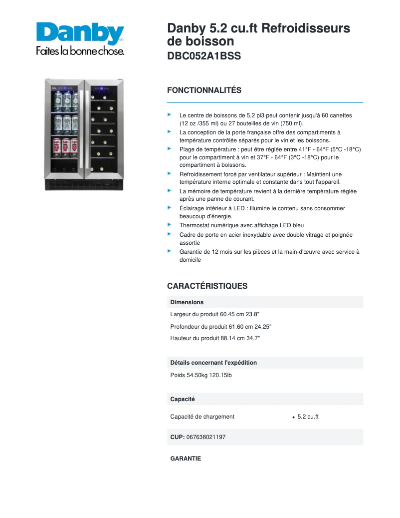 Page n°1 - Fiche technique Danby DBC052A1BSS