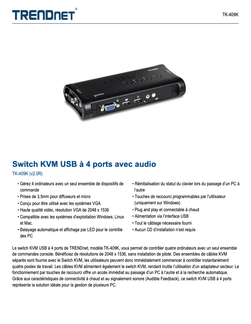 Page n°1 - Fiche technique TRENDnet TK-409K