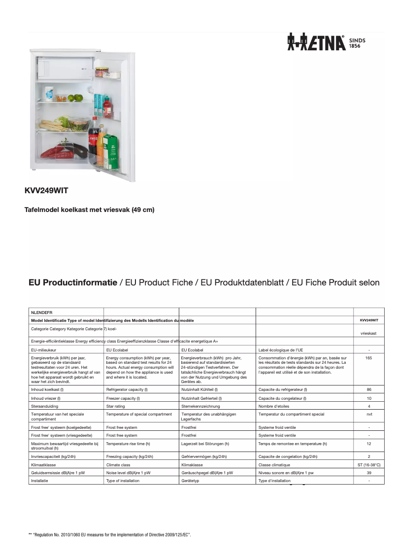 Page 1 de la notice Fiche technique Etna KVV249WIT