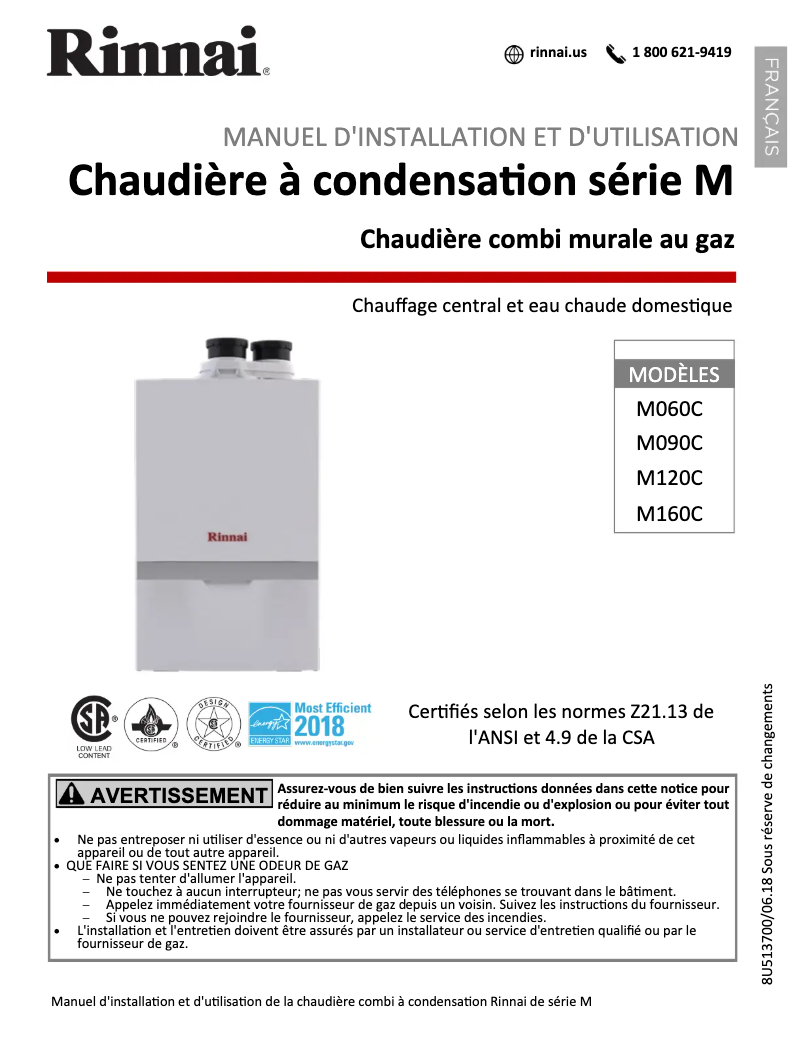 Page 1 de la notice Guide d'installation Rinnai M060CN