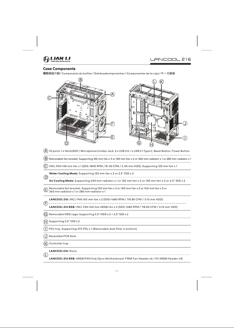 Page 1 de la notice Manuel utilisateur Lian Li LANCOOL 216