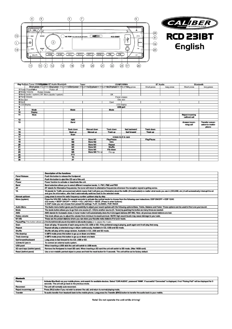 Page 1 de la notice Manuel utilisateur Caliber RCD231BT