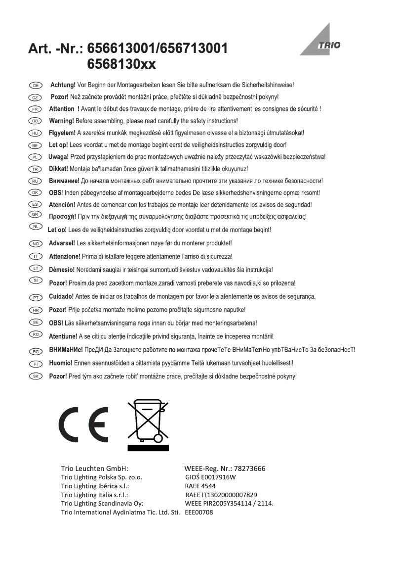 Page 1 de la notice Manuel utilisateur Trio Lighting Milano 656713001