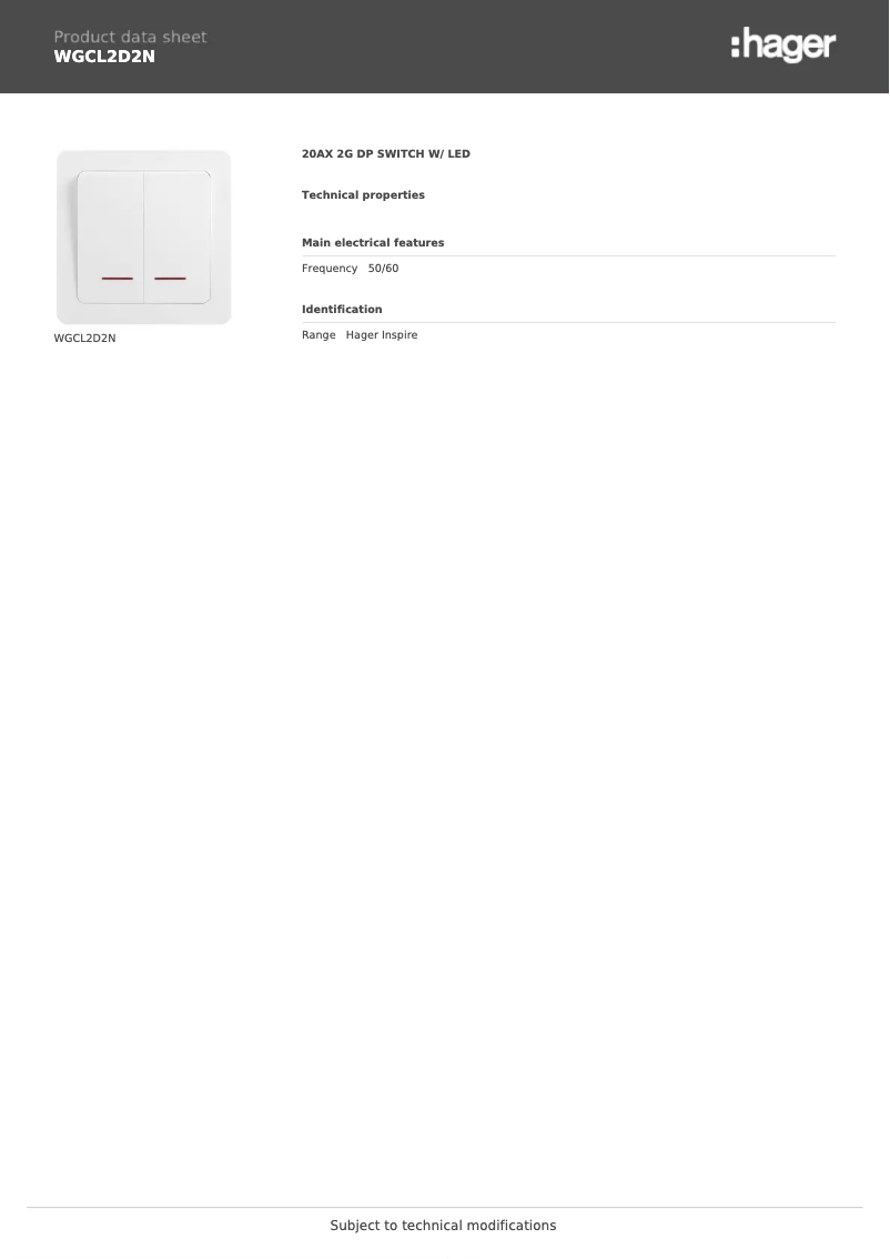 Page 1 de la notice Fiche technique Hager WGCL2D2N
