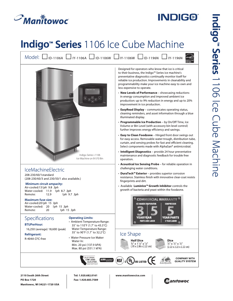 Page n°1 - Fiche technique Manitowoc IY-1196N