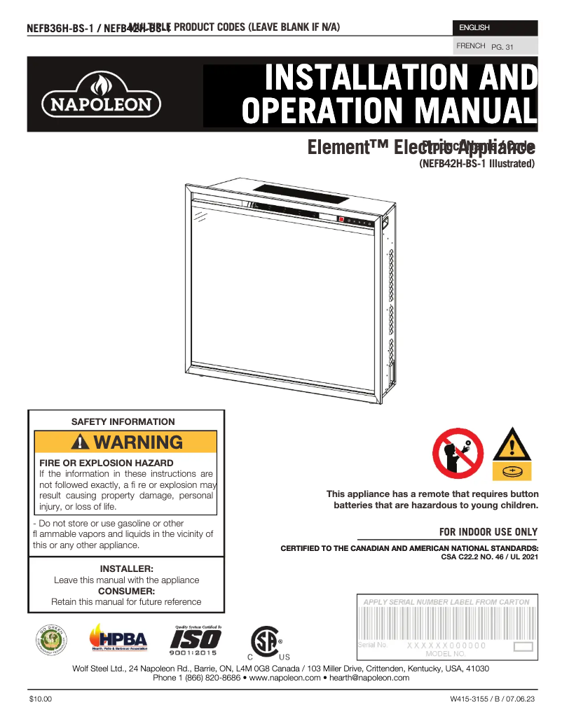 Page n°1 - Manuel utilisateur Napoleon Element NEFB36H-BS-1