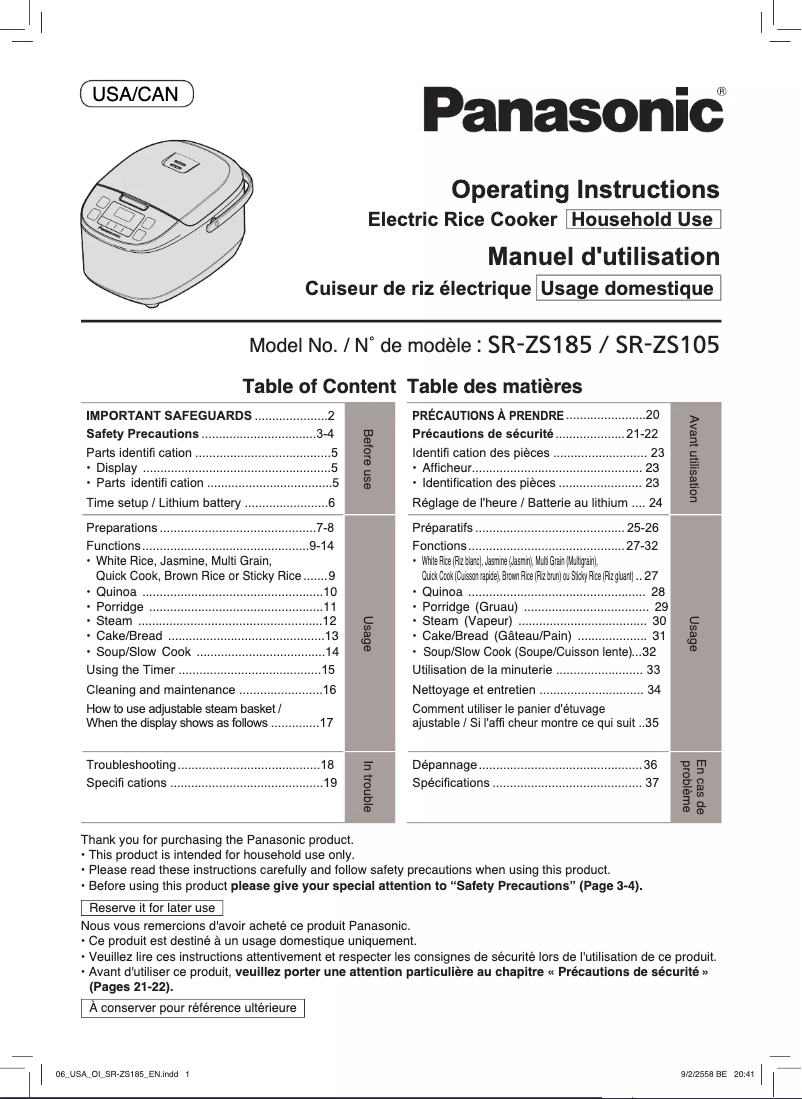 Page n°1 - Manuel utilisateur Panasonic SR-ZS185