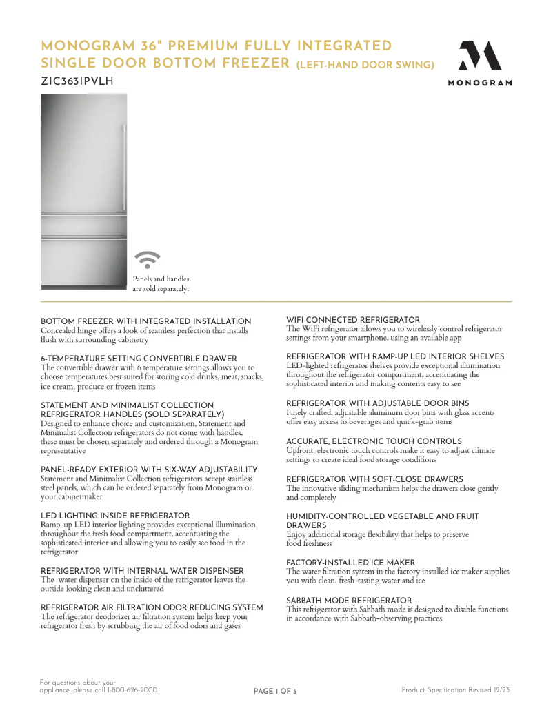 Page 1 de la notice Fiche technique Monogram ZIC363IPVLH