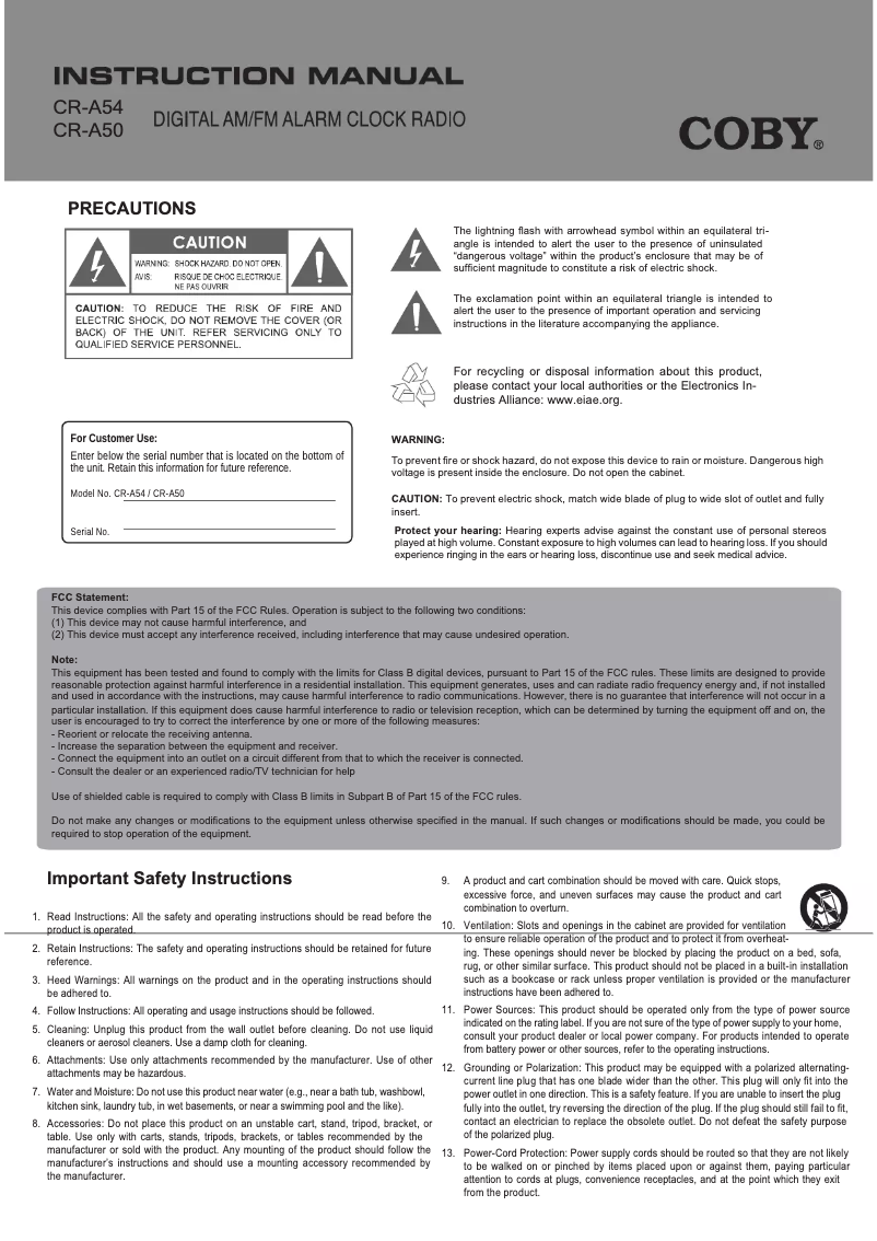 Imagen de la primera página del manual del dispositivo CR-A54