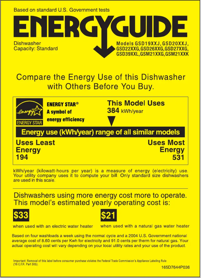Page 1 de la notice Label énergétique GE GSD2600GBB