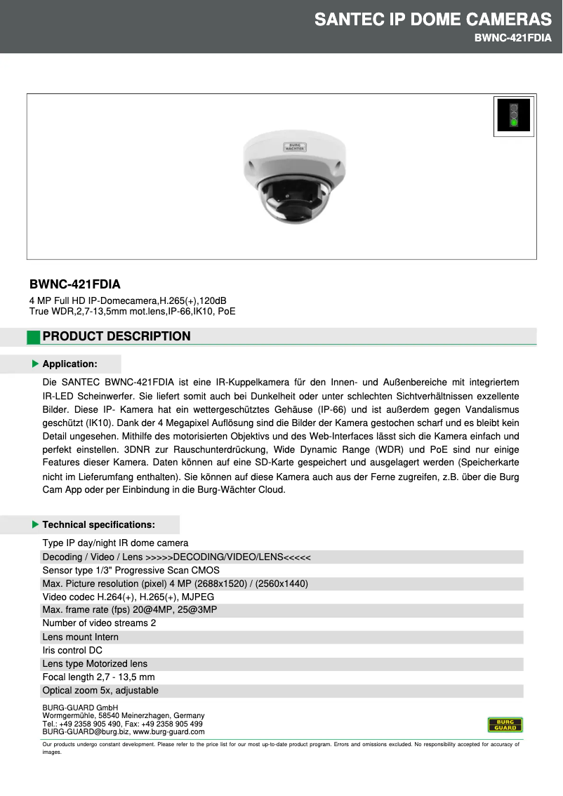 Page 1 de la notice Fiche technique Burg Wächter BWNC-421FDIA