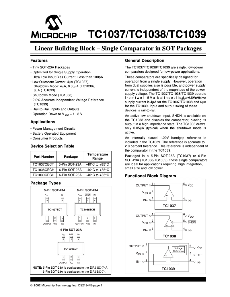 Page 1 de la notice Fiche technique Microchip TC1037