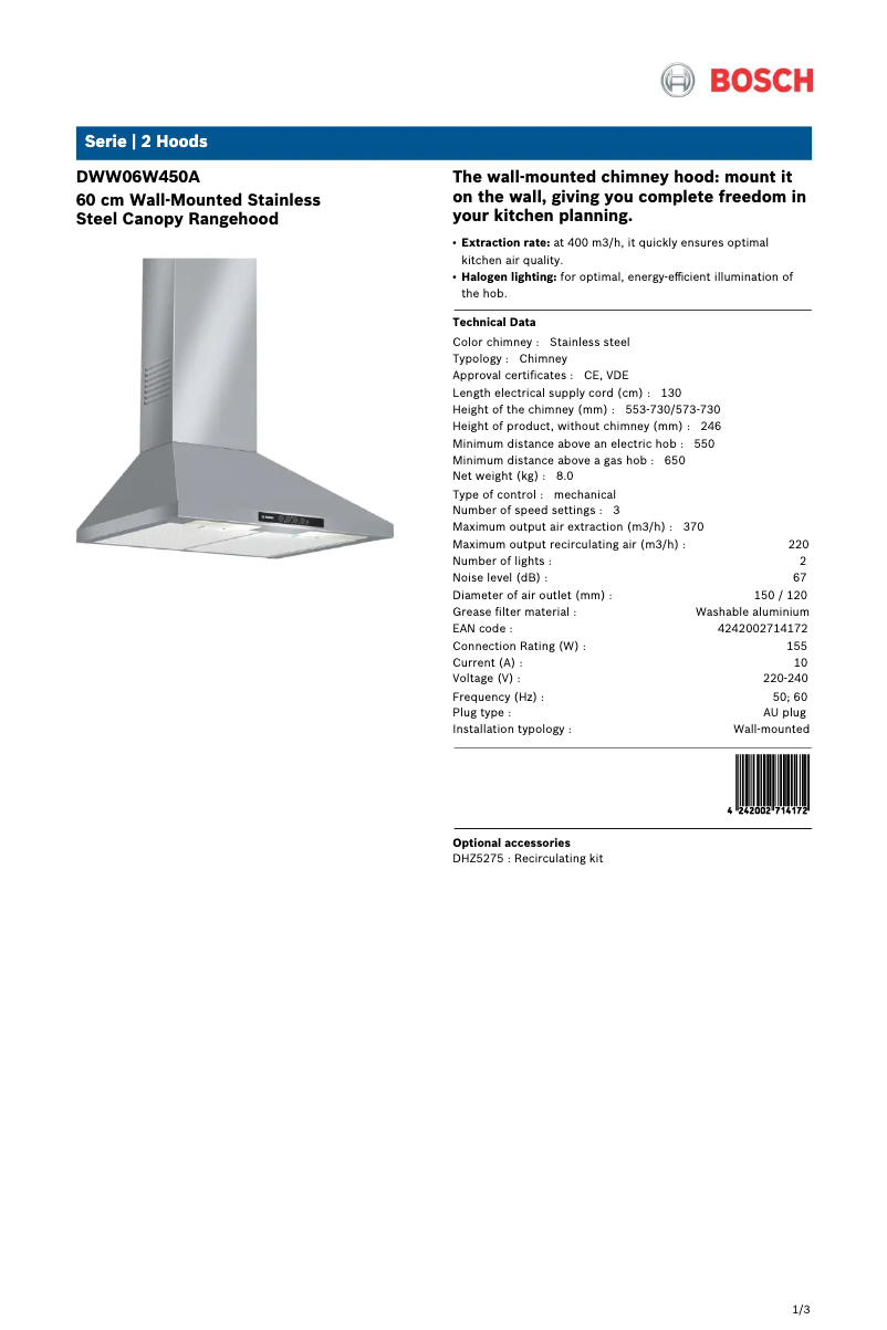 Page 1 de la notice Fiche technique Bosch DWW06W450A