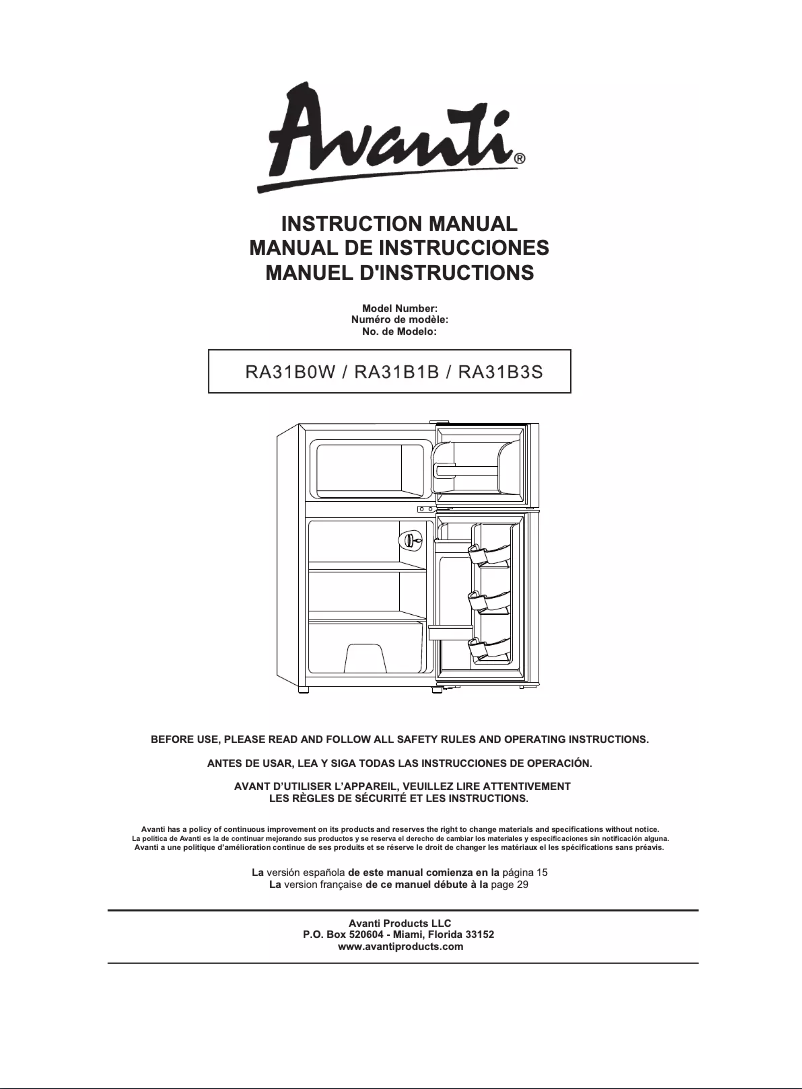 Page n°1 - Manuel utilisateur Avanti RA31B0W