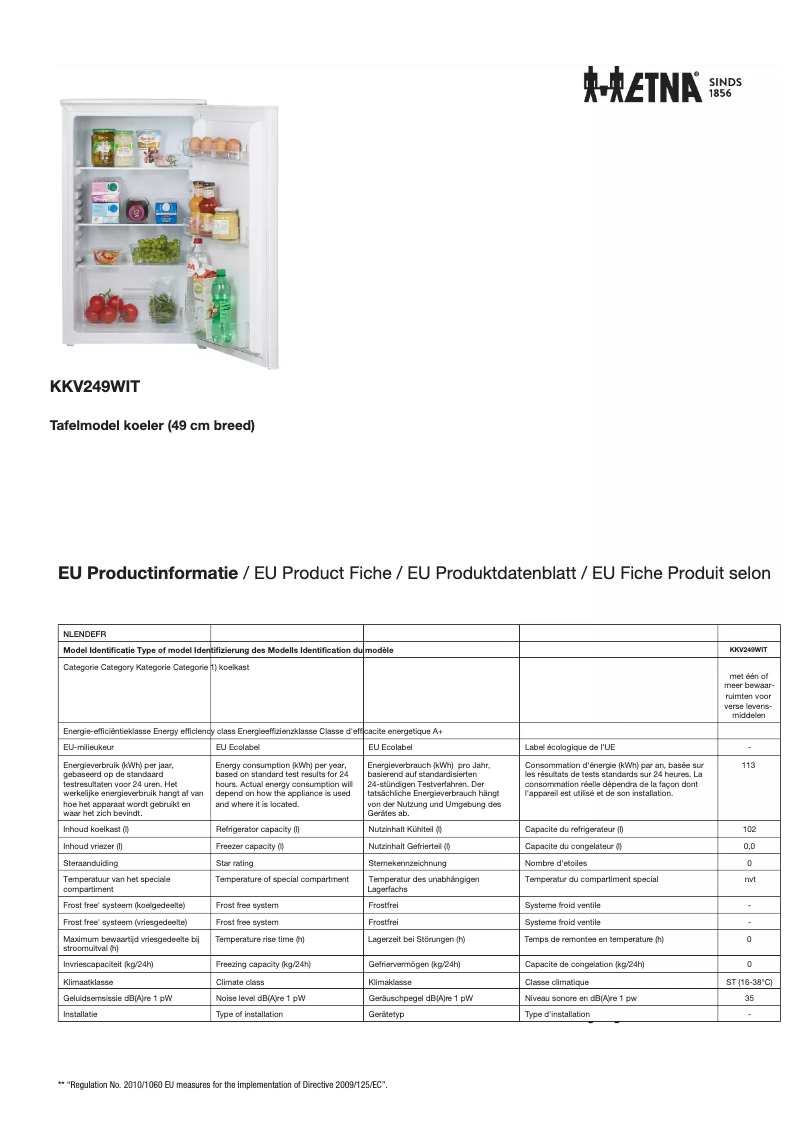 Page 1 de la notice Fiche technique Etna KKV249WIT