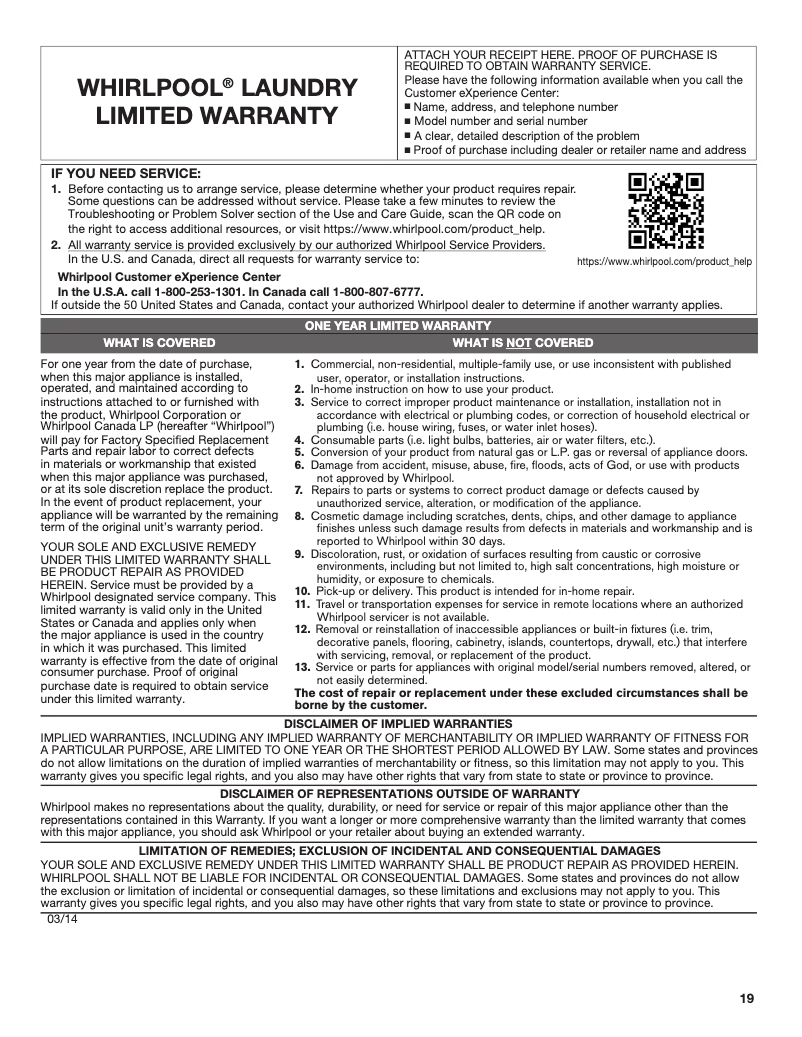 Page n°1 - Mode d'emploi Whirlpool WTW8500D