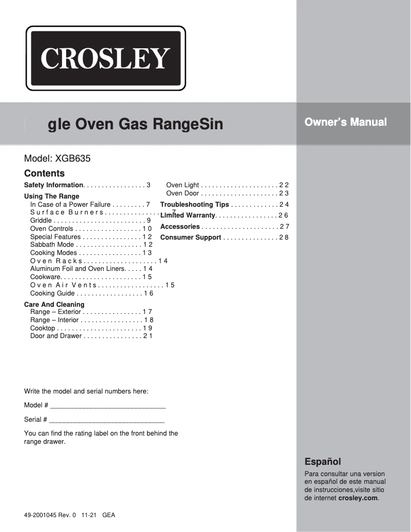Page 1 de la notice Manuel d'utilisation et d'entretien Crosley XGB635REKSS