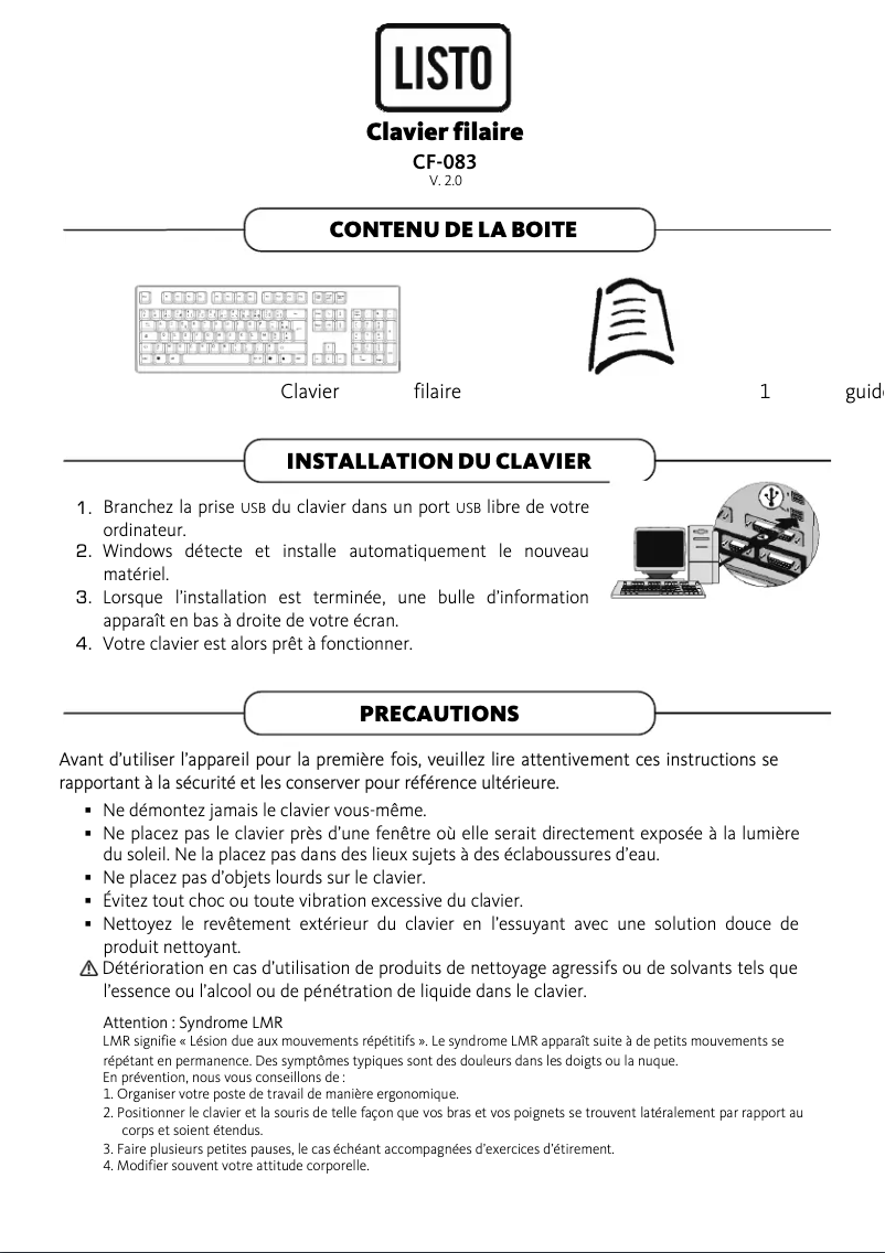 Page 1 de la notice Manuel utilisateur Listo CF-083