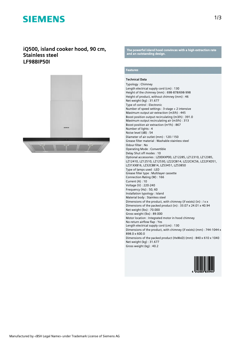 Page 1 de la notice Fiche technique Siemens LF98BIP50I
