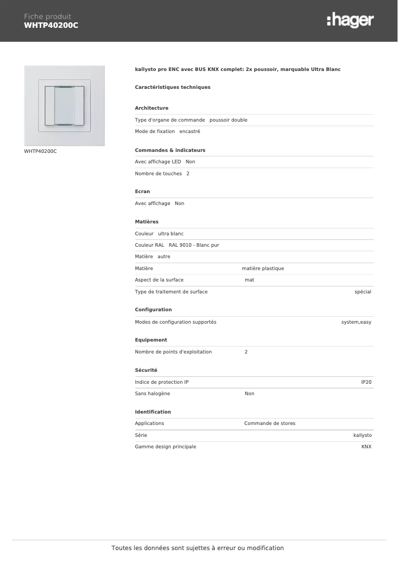Page 1 de la notice Fiche technique Hager WHTP40200C