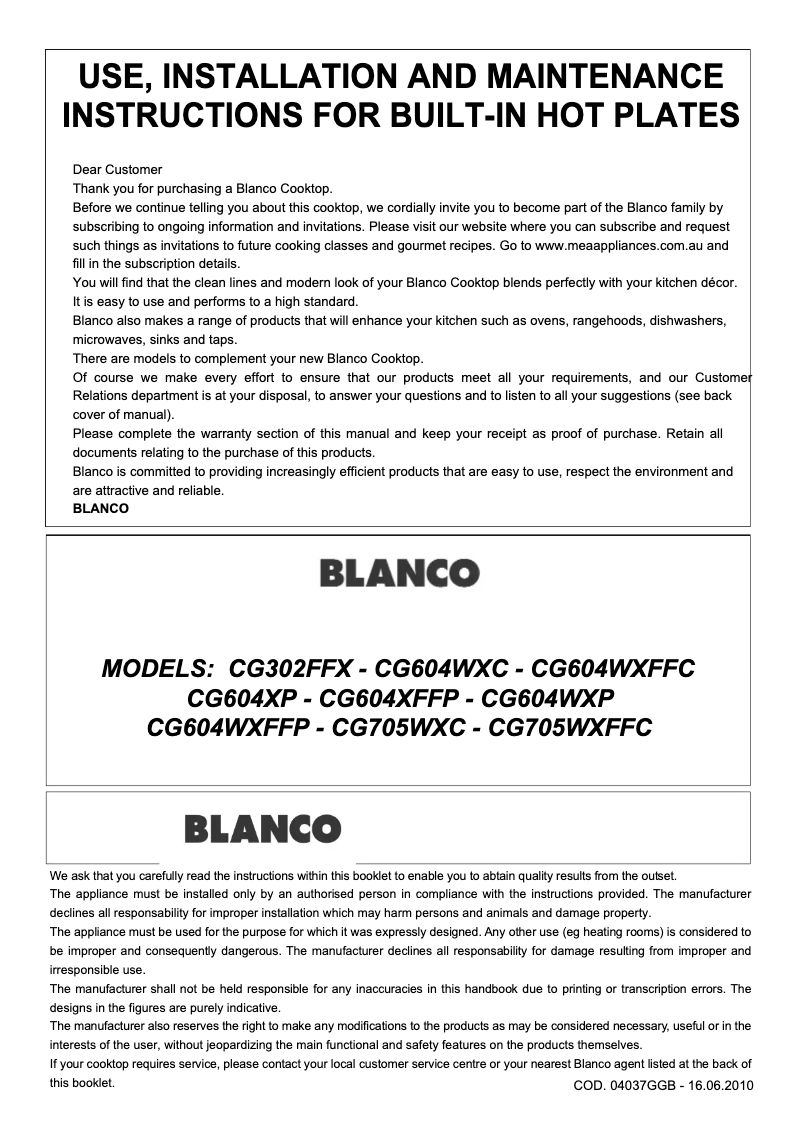 Page 1 de la notice Manuel utilisateur BLANCO CG604XP