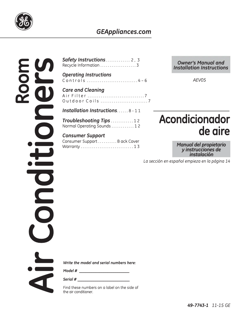 Page n°1 - Guide d'installation GE AEV05LV