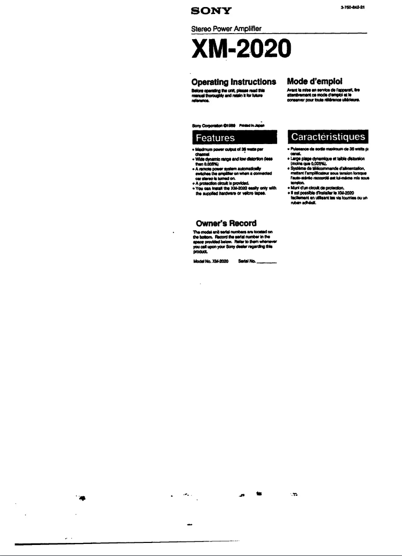 Page 1 de la notice Manuel utilisateur Sony XM-2020