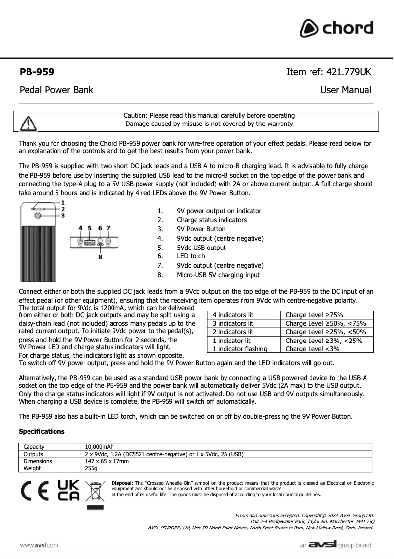 Page n°1 - Manuel utilisateur Chord PB-959